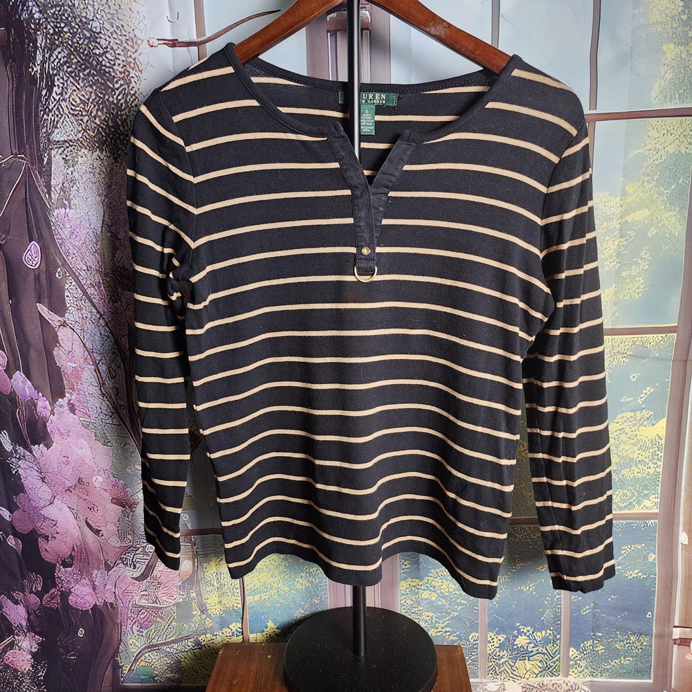 S Lauren Ralph Lauren Black and Tan Striped Long Sleeve Top